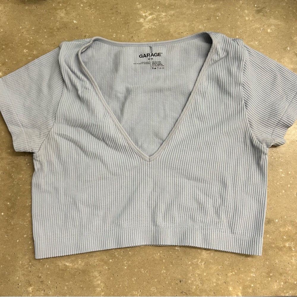 Garage Sky Blue Ribbed V-Neck Crop Top
